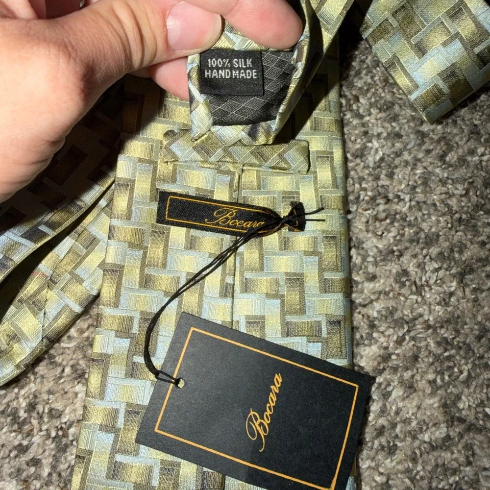 Bocara Silk Necktie Mens Sage Green Gold Basketweave Geometric Hand Made NWT